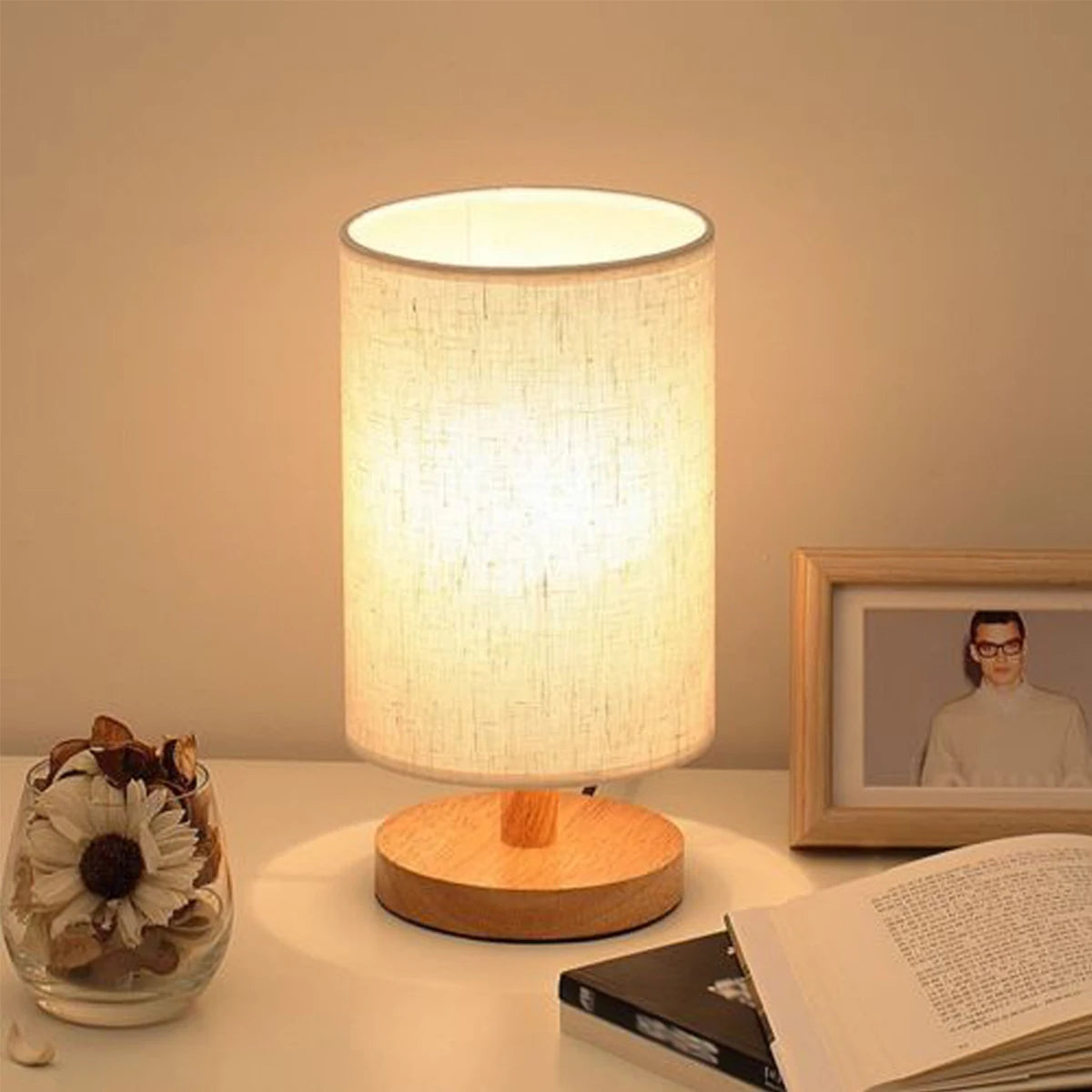 Wooden USB Table Lamp: Stylish Bedroom Night Light with Cylinder Shade - Perfect Home Decor!