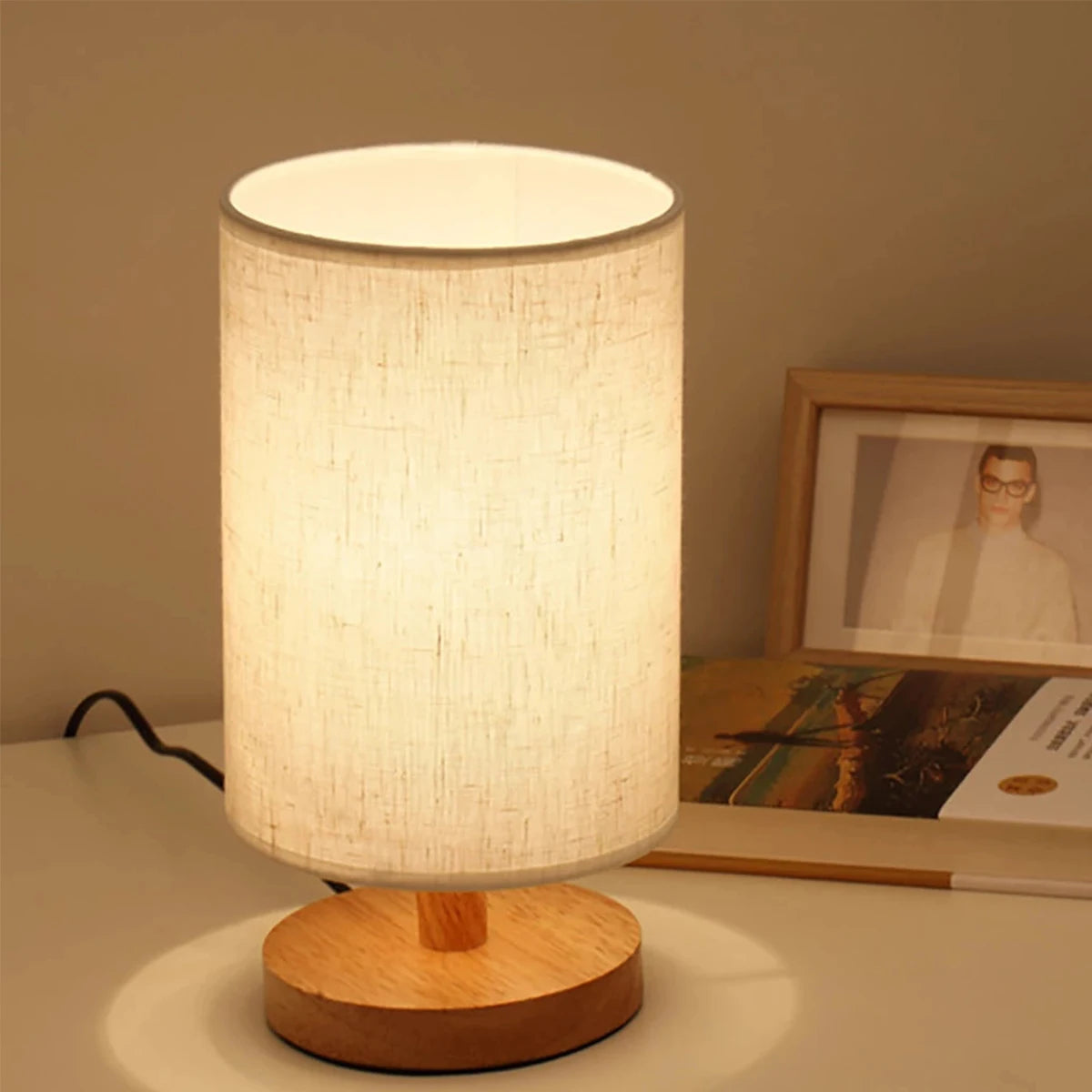 Wooden USB Table Lamp: Stylish Bedroom Night Light with Cylinder Shade - Perfect Home Decor!