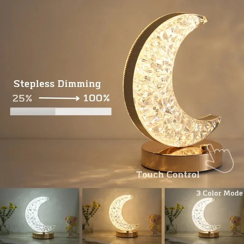 Star Moon LED Crystal Night Light: Touch Control, USB Rechargeable, Dimmable - Perfect Bedroom Decor