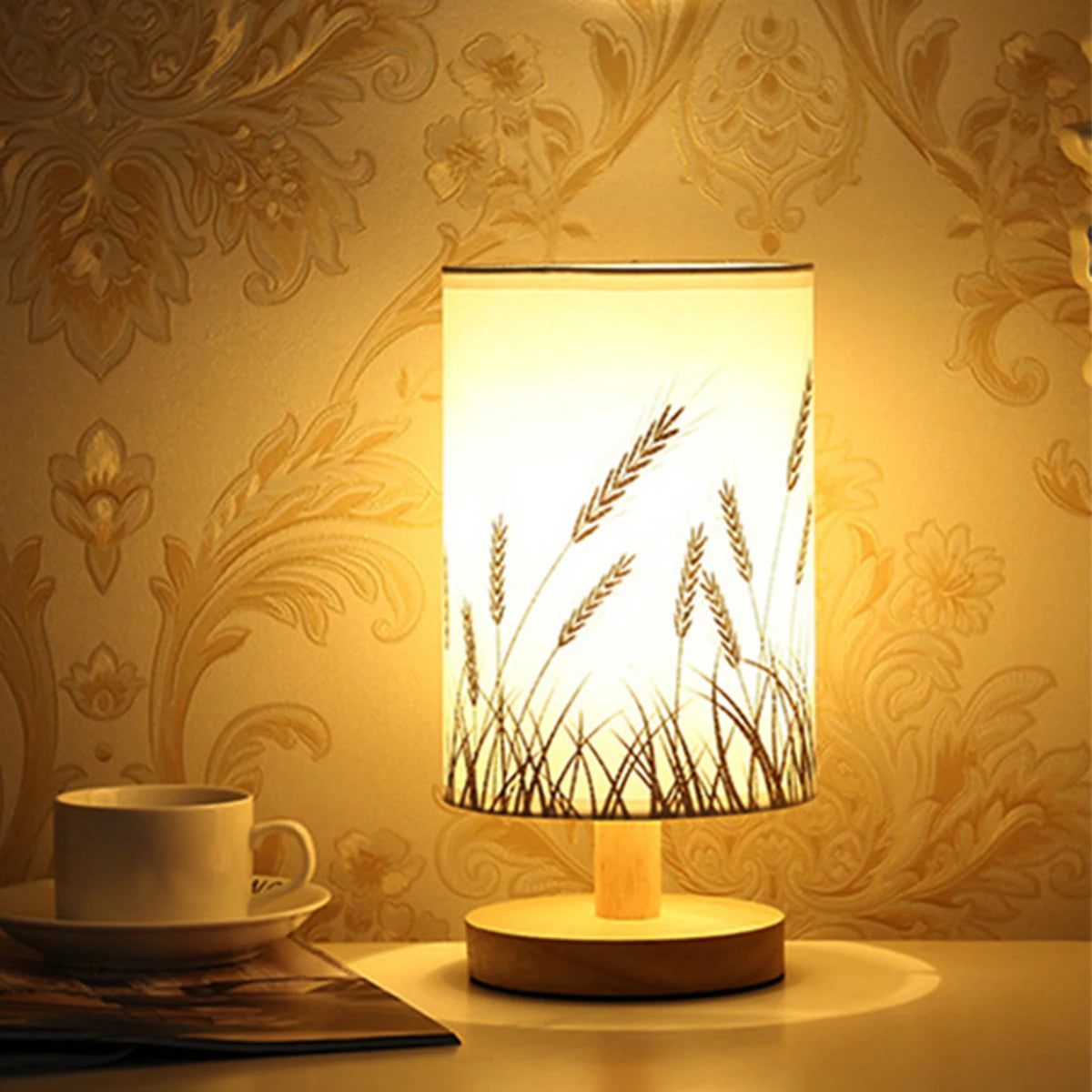 Wooden USB Table Lamp: Stylish Bedroom Night Light with Cylinder Shade - Perfect Home Decor!