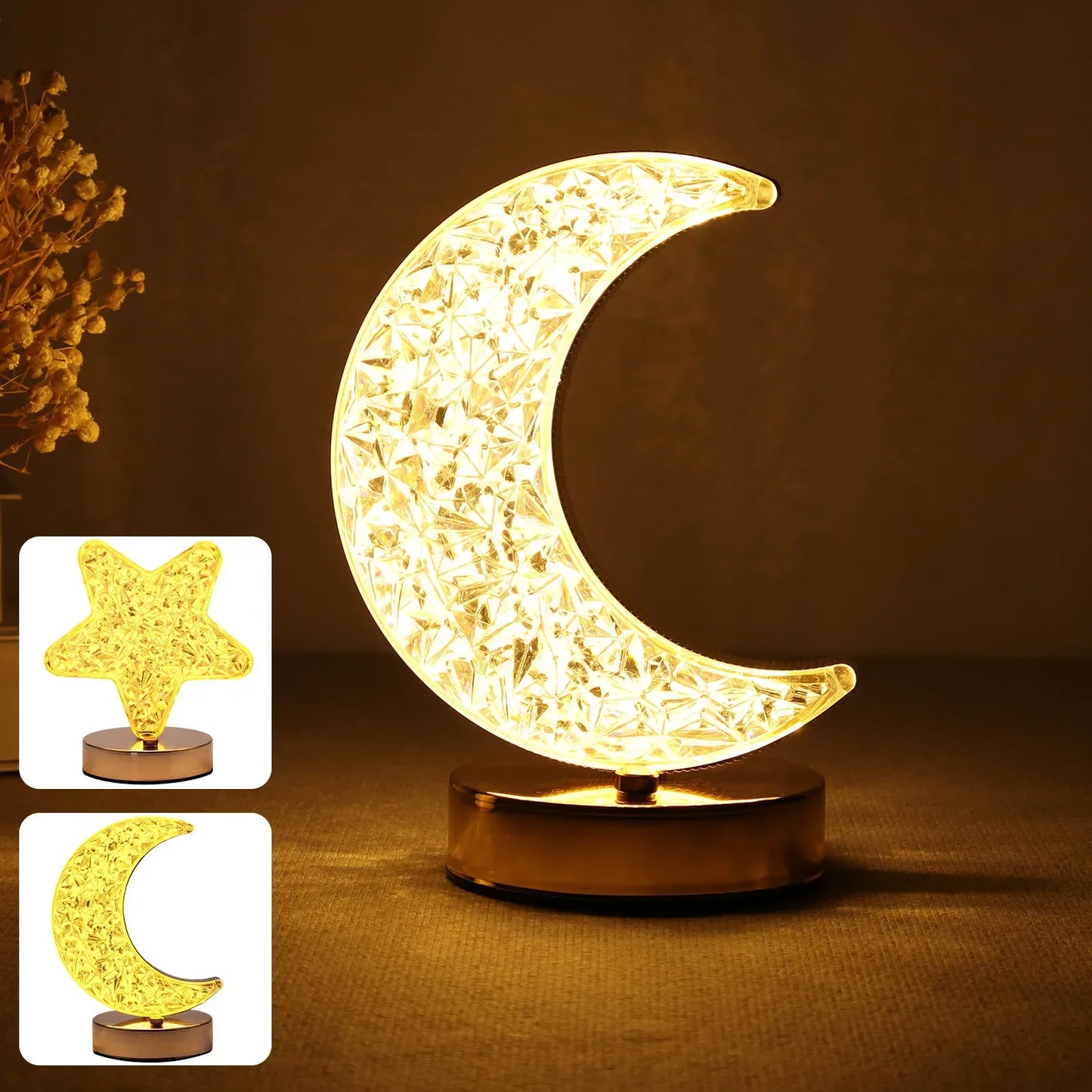 Star Moon LED Crystal Night Light: Touch Control, USB Rechargeable, Dimmable - Perfect Bedroom Decor