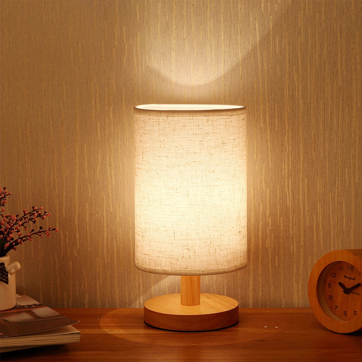 Wooden USB Table Lamp: Stylish Bedroom Night Light with Cylinder Shade - Perfect Home Decor!